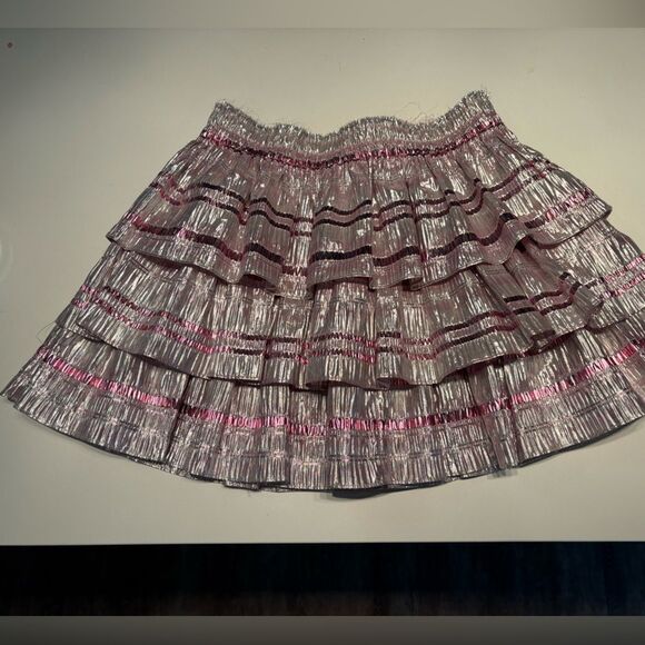Love Shack Fancy Brynlee metallic tiered mini skirt Caribbean pink ruffles - Picture 7 of 15